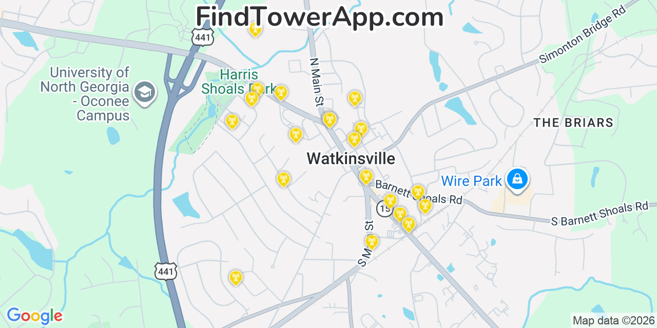 Map showing the 20 primary cell tower locations detected in Watkinsville, Georgia from AT&T, Verizon, and T-Mobile networks