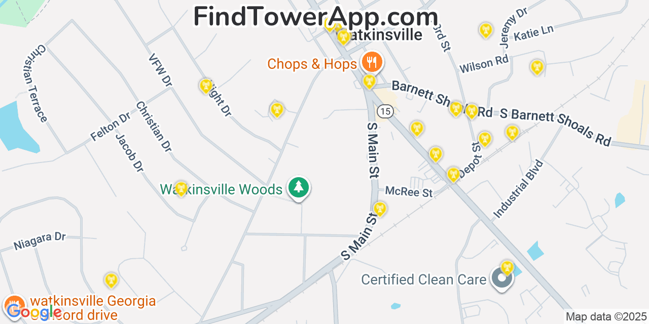 Map showing the 20 primary Mobitel cell tower locations detected in Watkinsville, Georgia with coverage radius and signal strength indicators