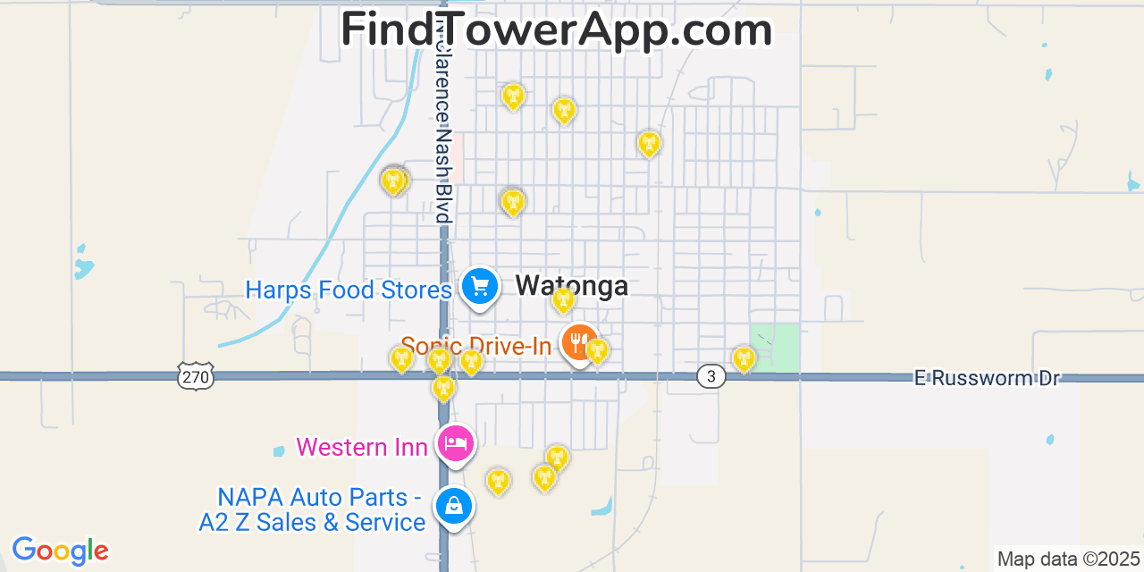 Map showing the 20 primary cell tower locations detected in Watonga, Oklahoma from AT&T, Verizon, and T-Mobile networks