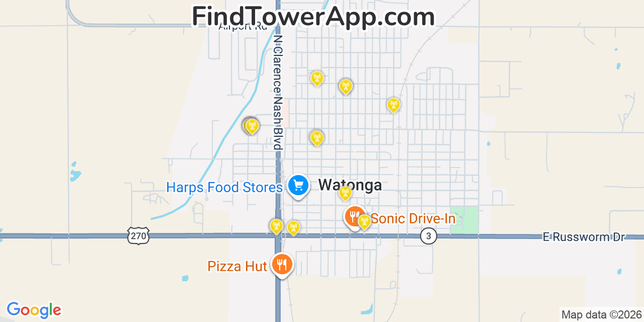 Map showing the 20 primary cell tower locations detected in Watonga, Oklahoma from AT&T, Verizon, and T-Mobile networks