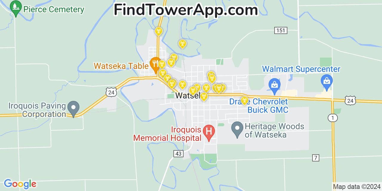 AT&T 4G/5G cell tower coverage map Watseka, Illinois