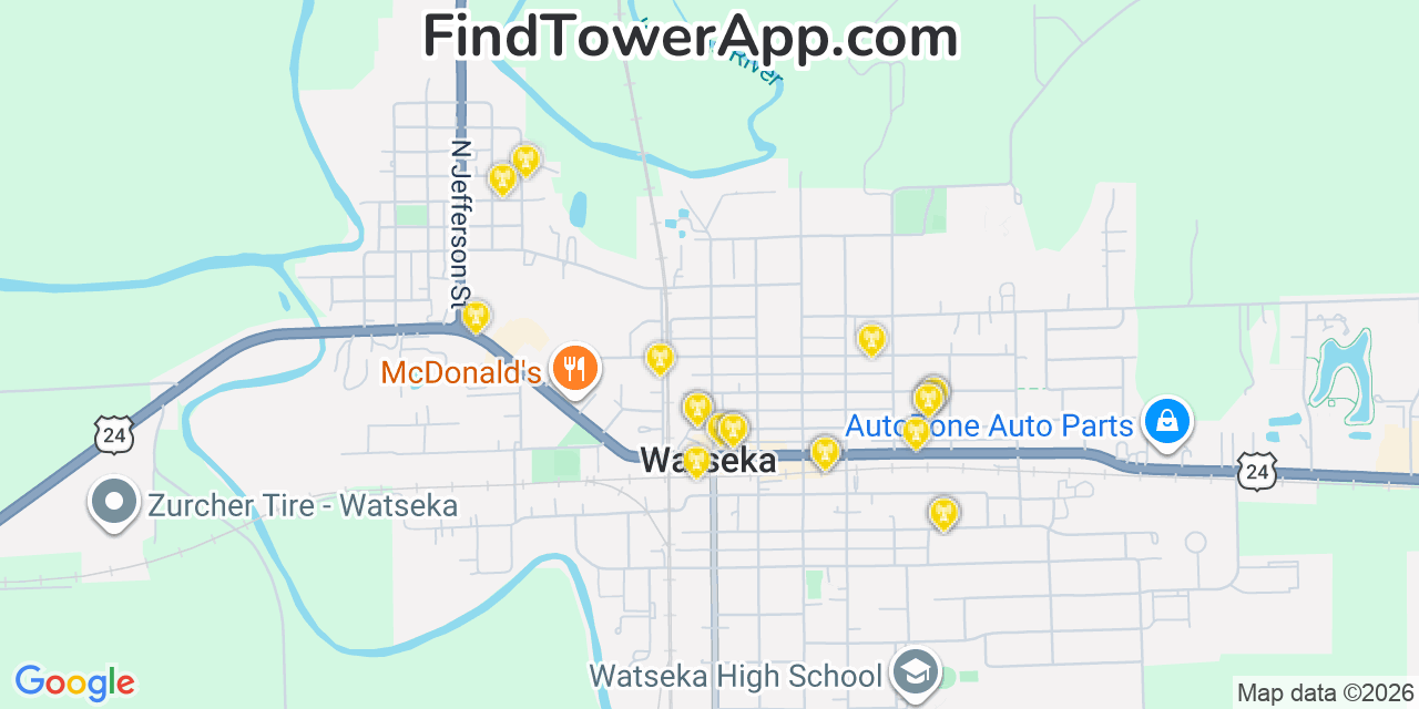 Map showing the 20 primary cell tower locations detected in Watseka, Illinois from AT&T, Verizon, and T-Mobile networks