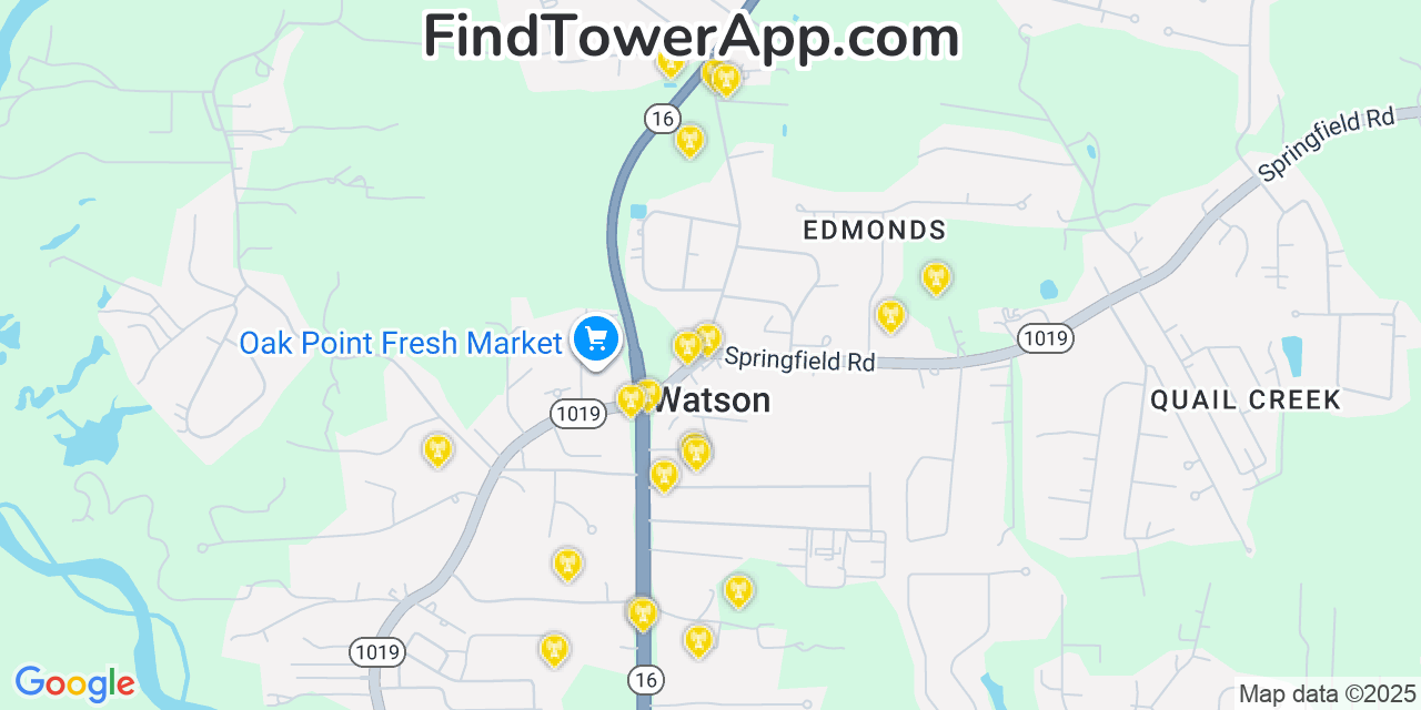 Map showing the 20 primary cell tower locations detected in Watson, Louisiana from AT&T, Verizon, and T-Mobile networks