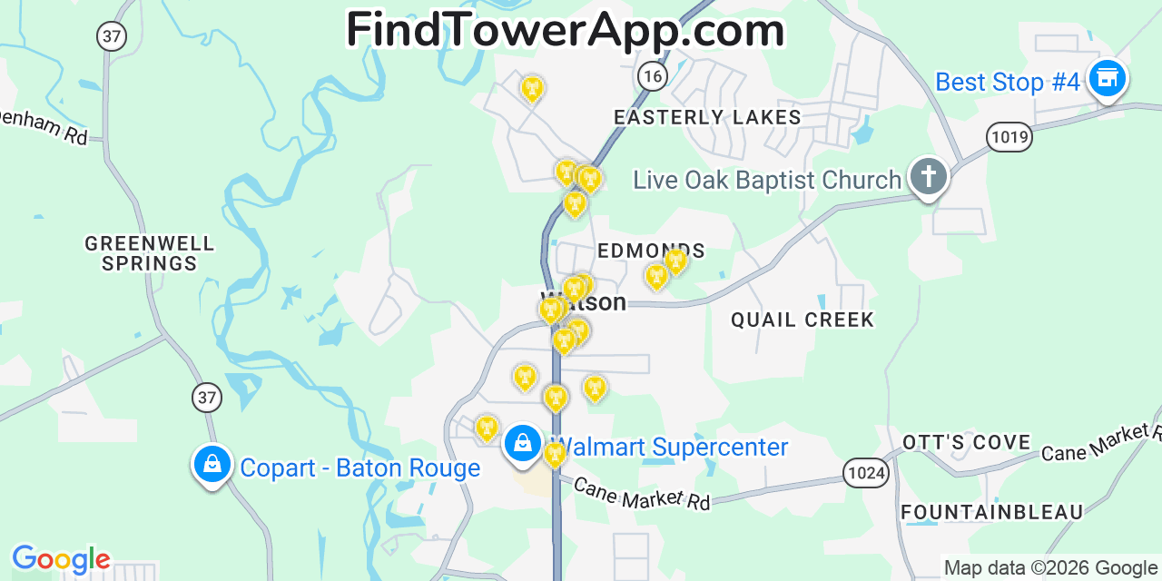 Map showing the 20 primary cell tower locations detected in Watson, Louisiana from AT&T, Verizon, and T-Mobile networks