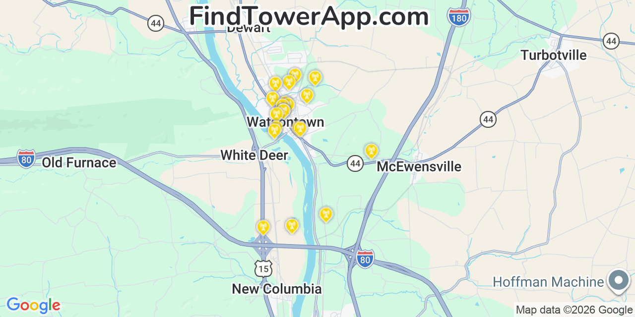 Map showing the 20 primary cell tower locations detected in Watsontown, Pennsylvania from AT&T, Verizon, and T-Mobile networks