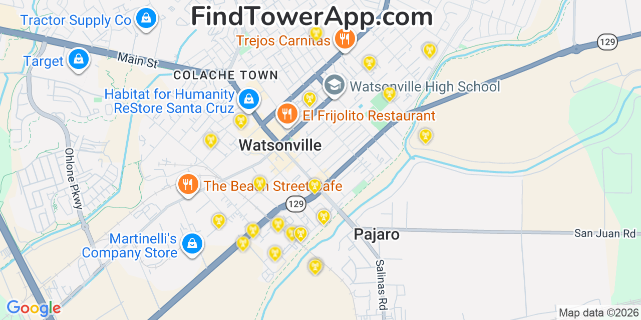 Map showing the 20 primary cell tower locations detected in Watsonville, California from AT&T, Verizon, and T-Mobile networks