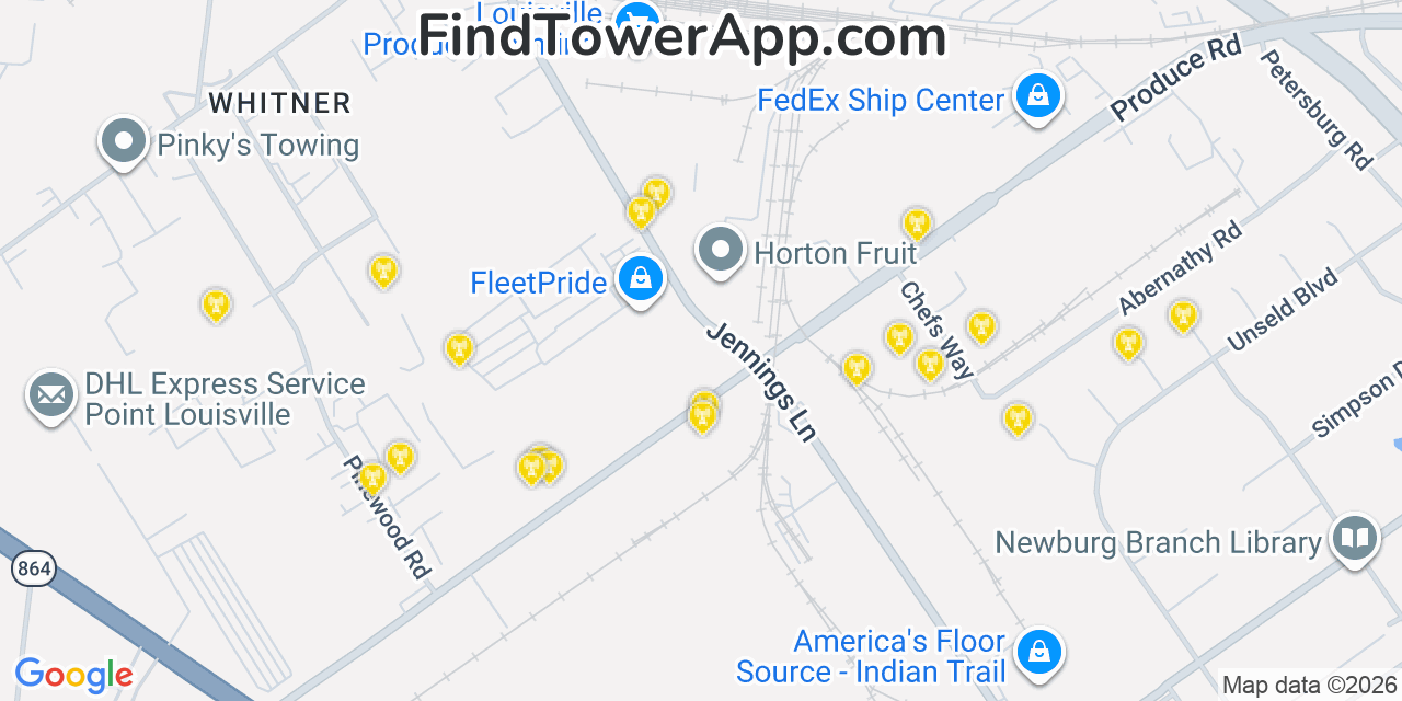 Map showing the 20 primary cell tower locations detected in Watterson Park, Kentucky from AT&T, Verizon, and T-Mobile networks
