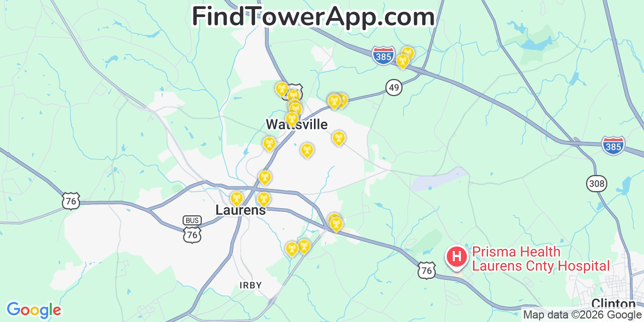 Map showing the 20 primary cell tower locations detected in Watts Mills, South Carolina from AT&T, Verizon, and T-Mobile networks