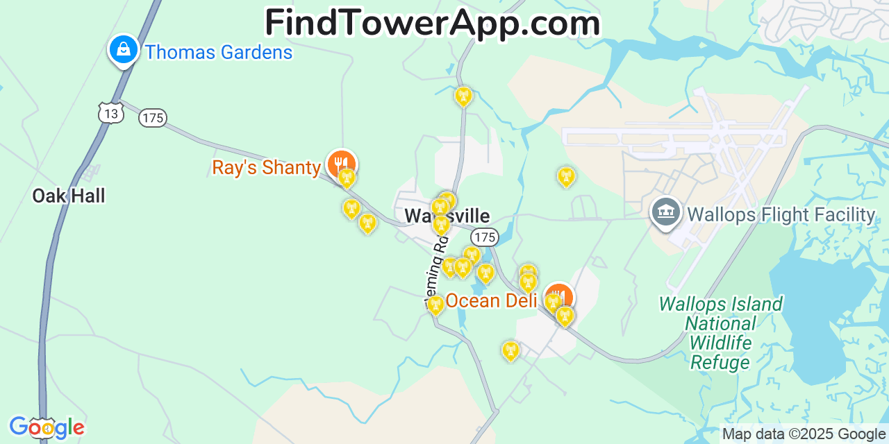 Map showing the 20 primary cell tower locations detected in Wattsville, Virginia from AT&T, Verizon, and T-Mobile networks