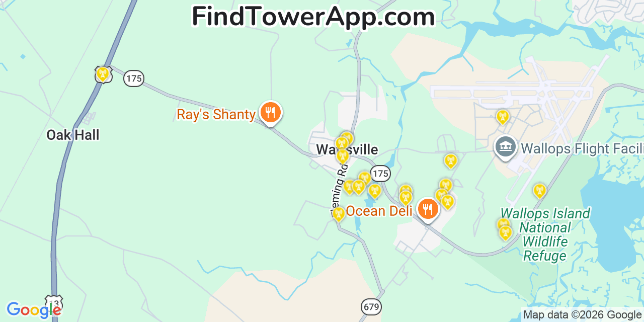 Map showing the 20 primary cell tower locations detected in Wattsville, Virginia from AT&T, Verizon, and T-Mobile networks