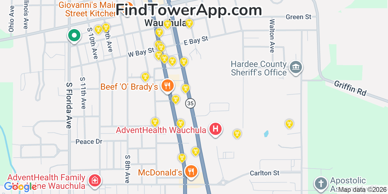 Map showing the 20 primary cell tower locations detected in Wauchula, Florida from AT&T, Verizon, and T-Mobile networks