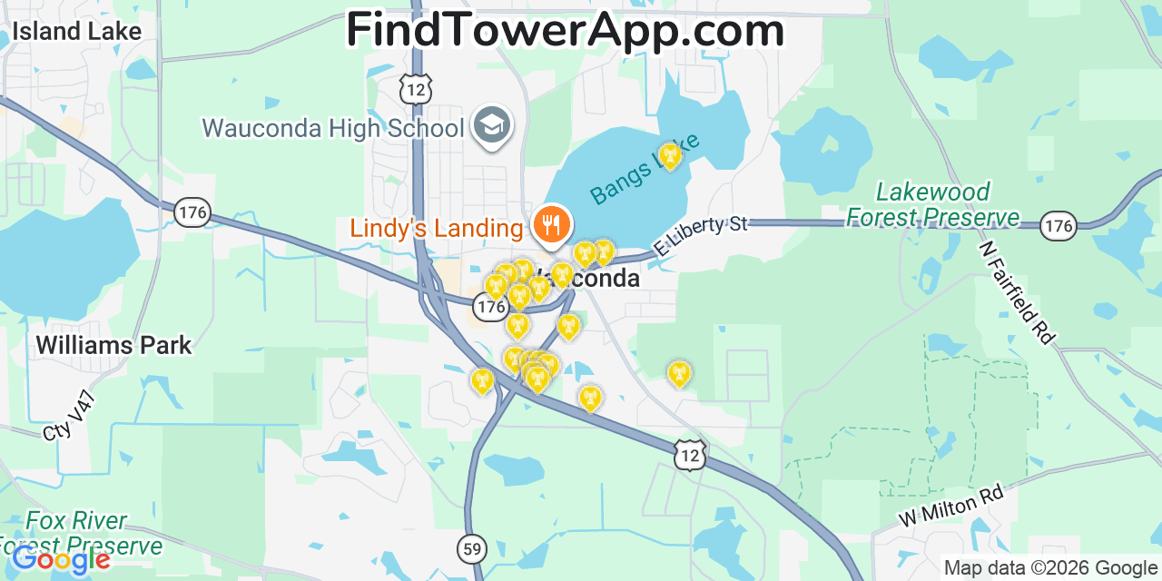 Map showing the 20 primary cell tower locations detected in Wauconda, Illinois from AT&T, Verizon, and T-Mobile networks
