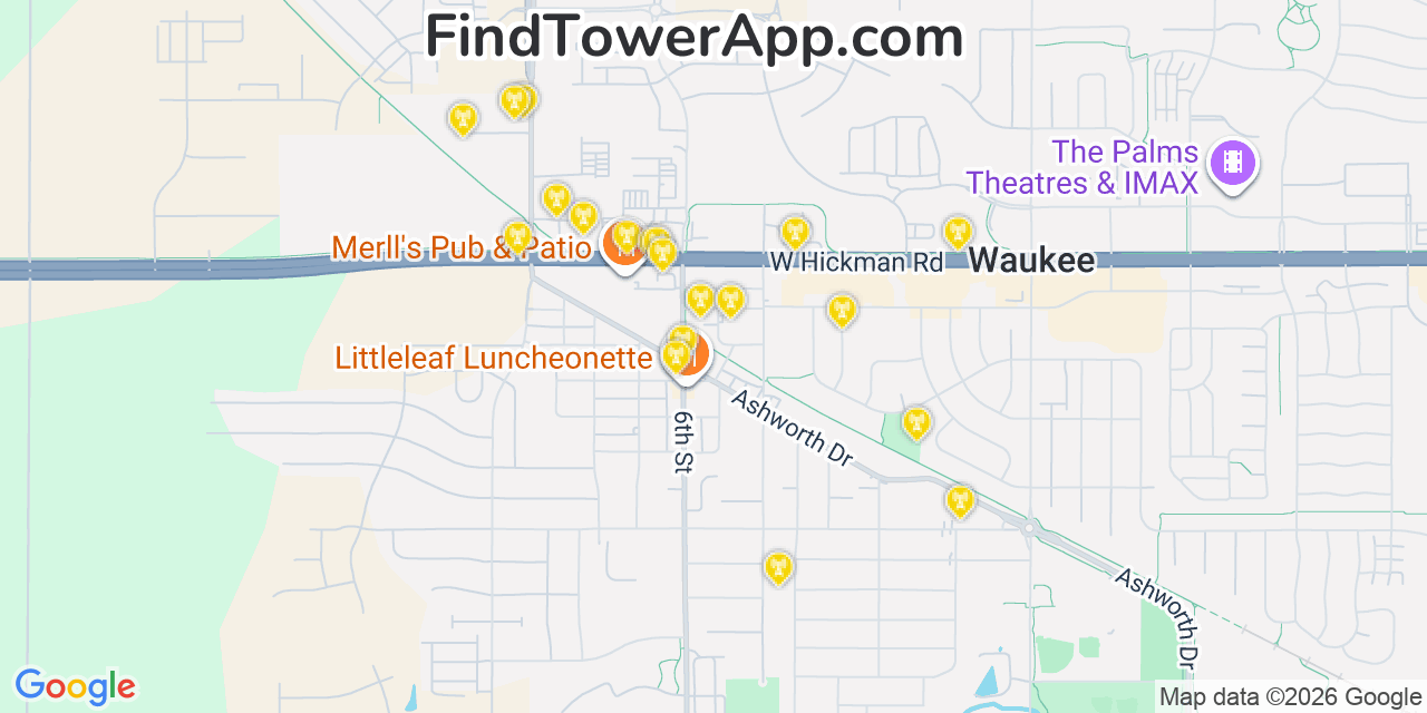 Map showing the 20 primary cell tower locations detected in Waukee, Iowa from AT&T, Verizon, and T-Mobile networks
