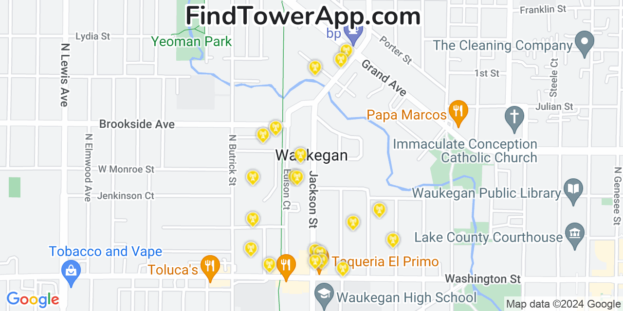 AT&T 4G/5G cell tower coverage map Waukegan, Illinois