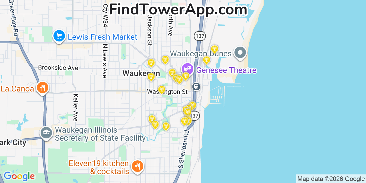 Map showing the 20 primary cell tower locations detected in Waukegan, Illinois from AT&T, Verizon, and T-Mobile networks