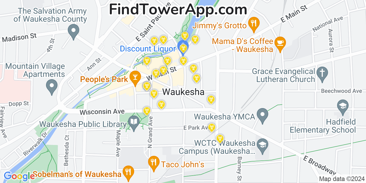 AT&T 4G/5G cell tower coverage map Waukesha, Wisconsin