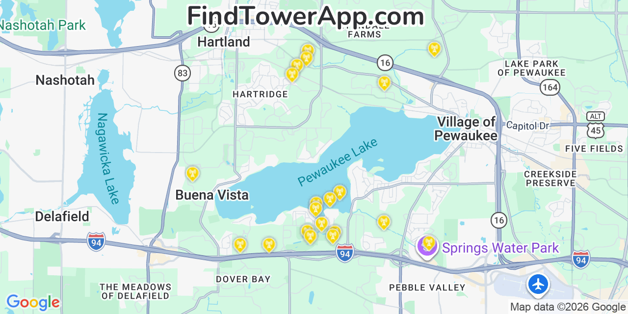 Map showing the 20 primary cell tower locations detected in Waukesha, Wisconsin from AT&T, Verizon, and T-Mobile networks
