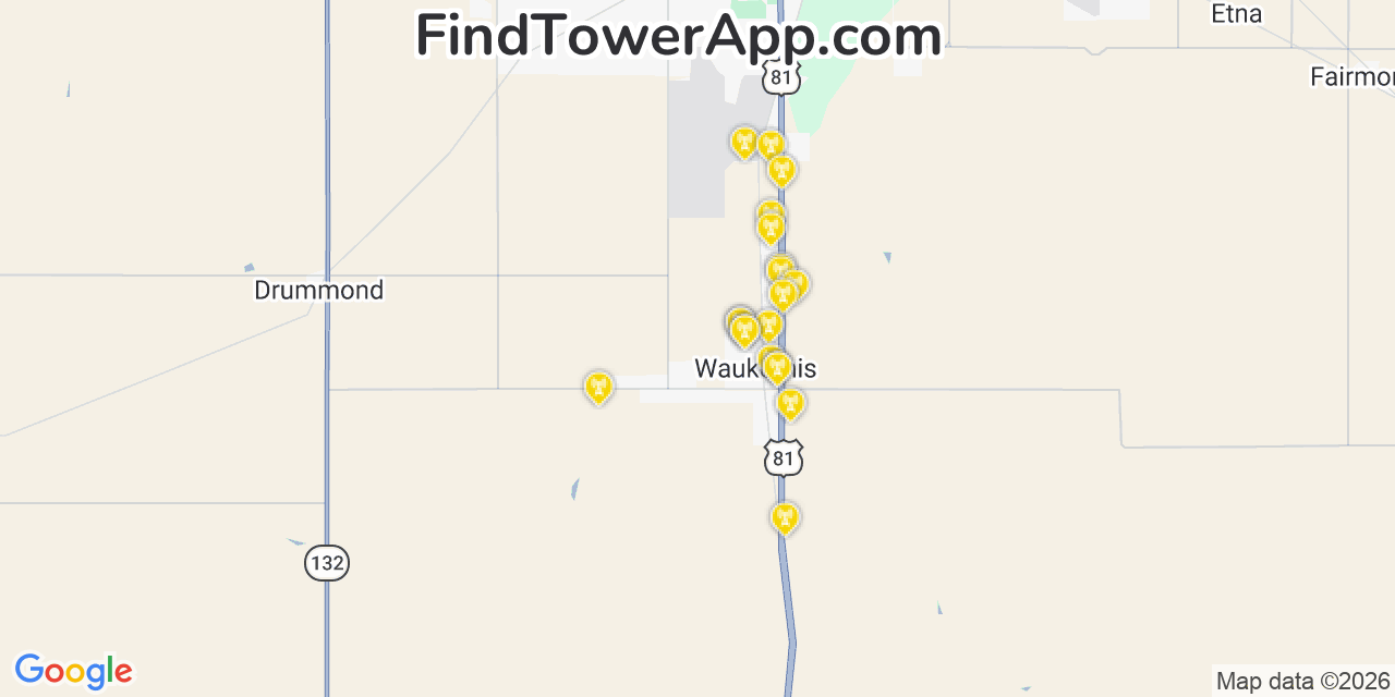 Map showing the 20 primary cell tower locations detected in Waukomis, Oklahoma from AT&T, Verizon, and T-Mobile networks