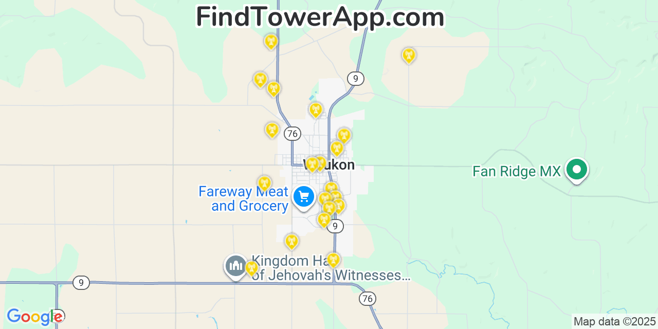Map showing the 20 primary cell tower locations detected in Waukon, Iowa from AT&T, Verizon, and T-Mobile networks