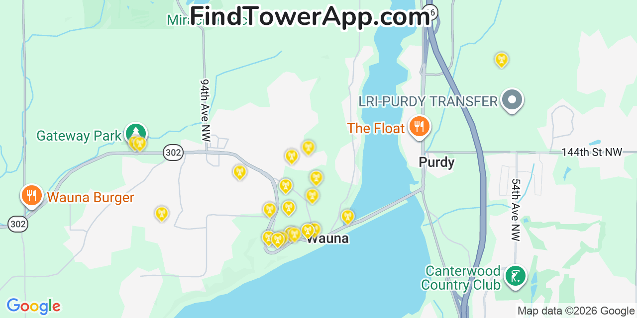 Map showing the 20 primary cell tower locations detected in Wauna, Washington from AT&T, Verizon, and T-Mobile networks