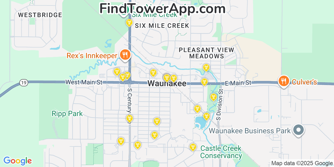 Map showing the 20 primary cell tower locations detected in Waunakee, Wisconsin from AT&T, Verizon, and T-Mobile networks