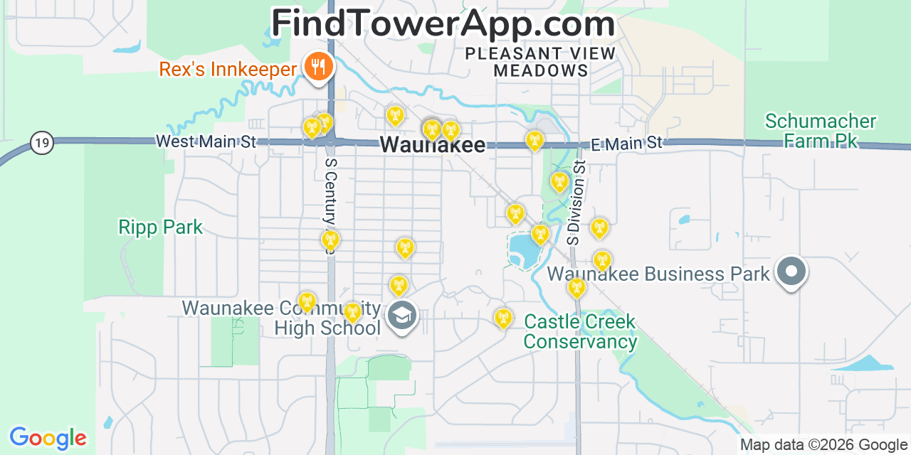 Map showing the 20 primary cell tower locations detected in Waunakee, Wisconsin from AT&T, Verizon, and T-Mobile networks