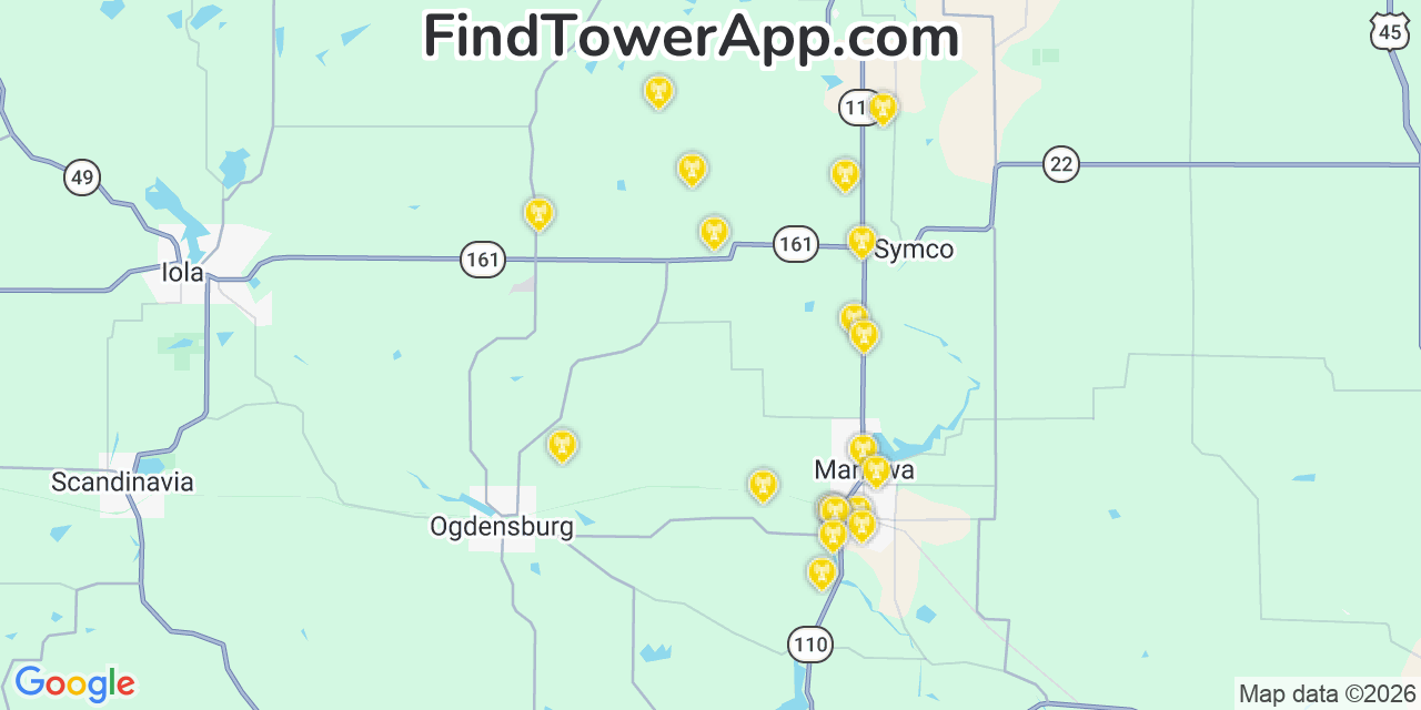 Map showing the 20 primary cell tower locations detected in Waupaca, Wisconsin from AT&T, Verizon, and T-Mobile networks