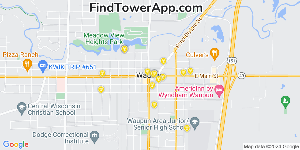 AT&T 4G/5G cell tower coverage map Waupun, Wisconsin