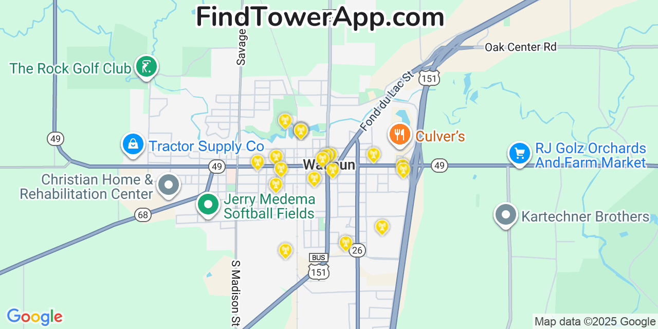 Map showing the 20 primary cell tower locations detected in Waupun, Wisconsin from AT&T, Verizon, and T-Mobile networks