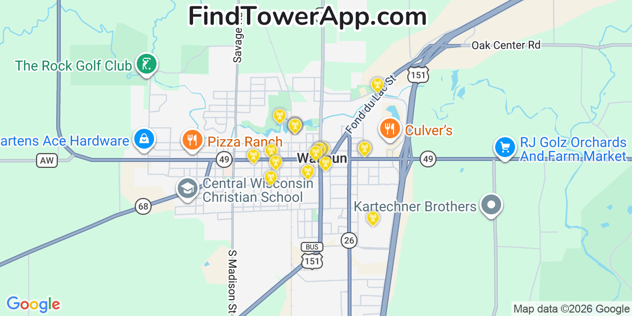 Map showing the 20 primary cell tower locations detected in Waupun, Wisconsin from AT&T, Verizon, and T-Mobile networks