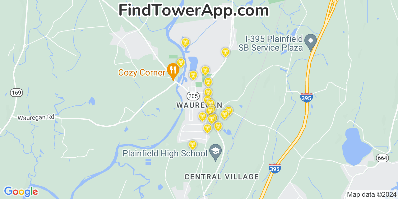 AT&T 4G/5G cell tower coverage map Wauregan, Connecticut