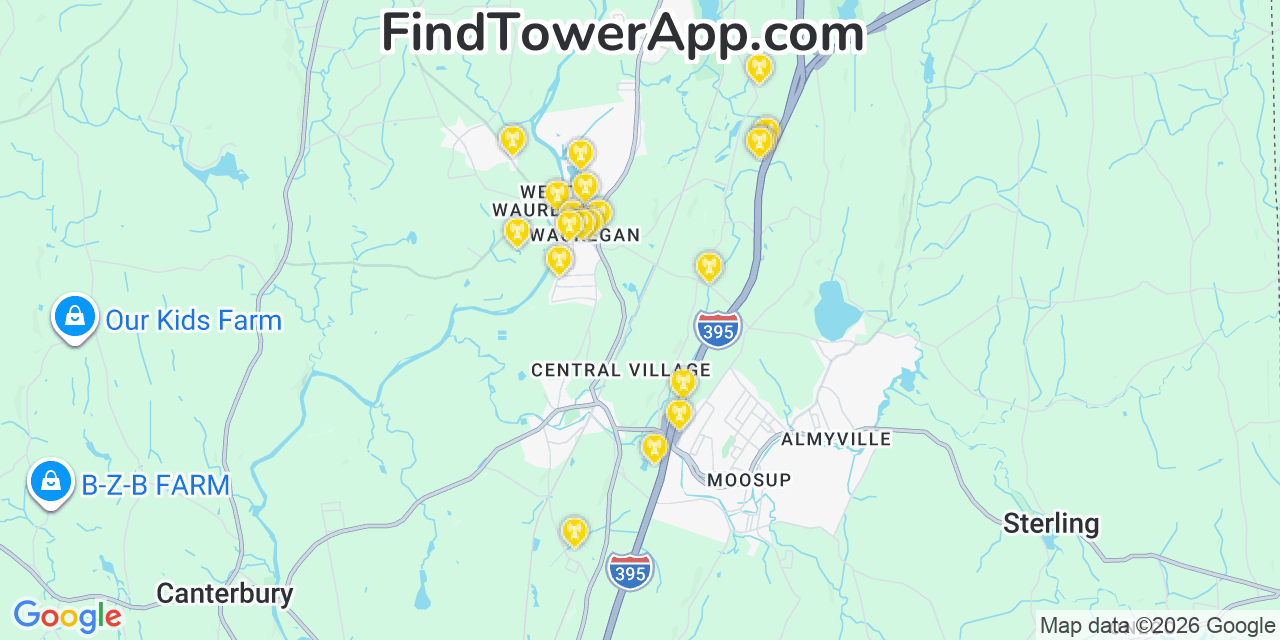 Map showing the 20 primary cell tower locations detected in Wauregan, Connecticut from AT&T, Verizon, and T-Mobile networks