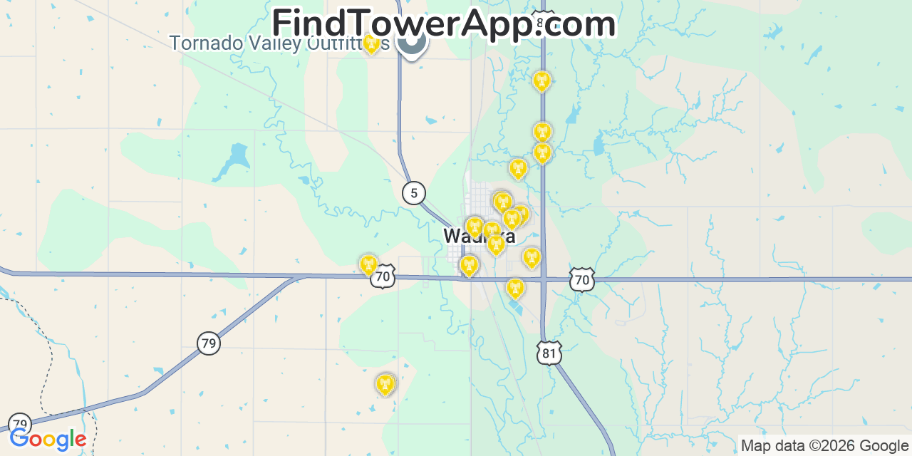 Map showing the 20 primary cell tower locations detected in Waurika, Oklahoma from AT&T, Verizon, and T-Mobile networks