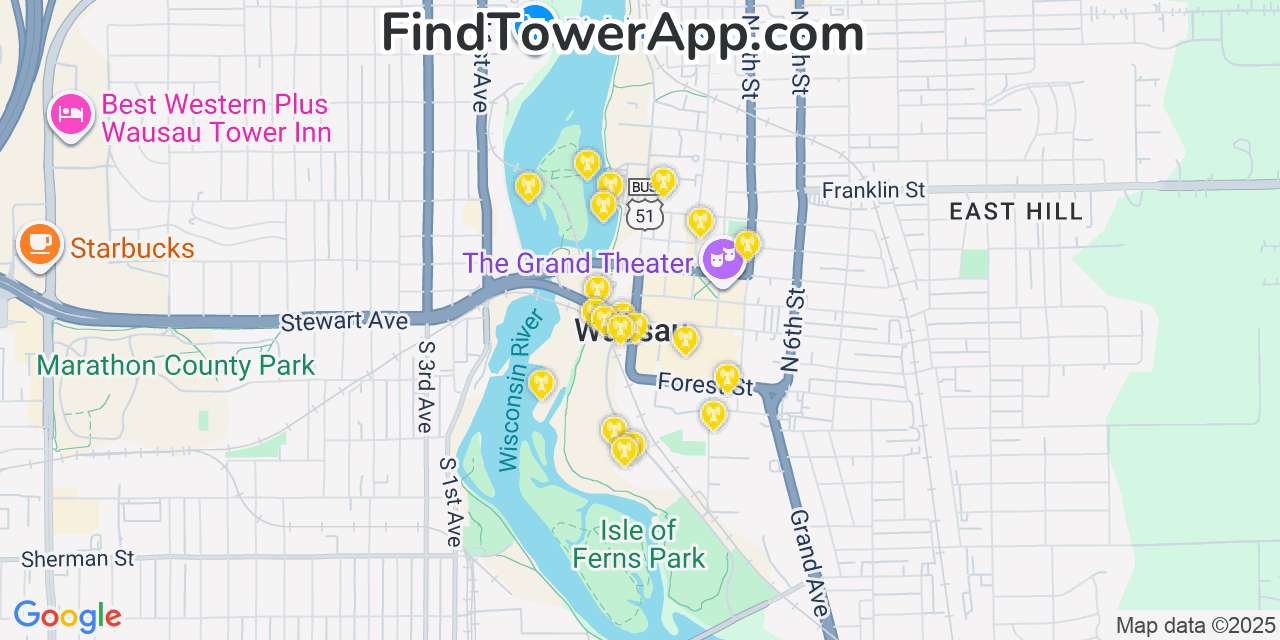 Map showing the 20 primary cell tower locations detected in Wausau, Wisconsin from AT&T, Verizon, and T-Mobile networks