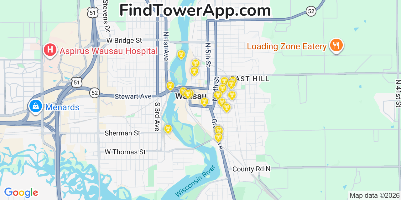 Map showing the 20 primary cell tower locations detected in Wausau, Wisconsin from AT&T, Verizon, and T-Mobile networks