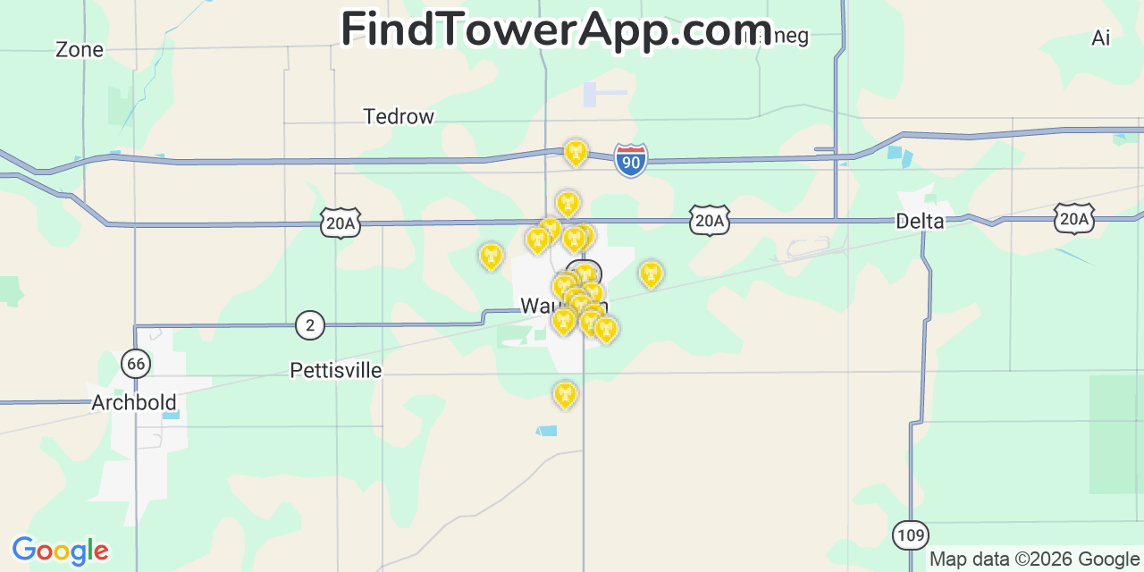 Map showing the 20 primary cell tower locations detected in Wauseon, Ohio from AT&T, Verizon, and T-Mobile networks