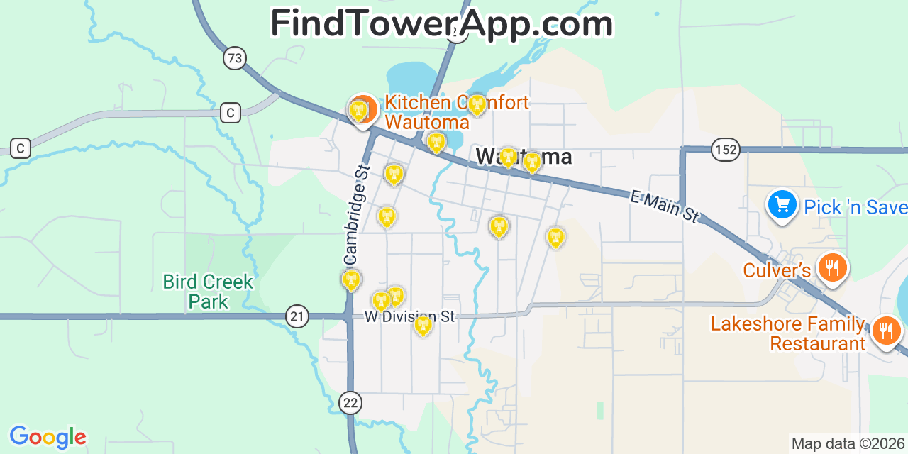 Map showing the 20 primary cell tower locations detected in Wautoma, Wisconsin from AT&T, Verizon, and T-Mobile networks