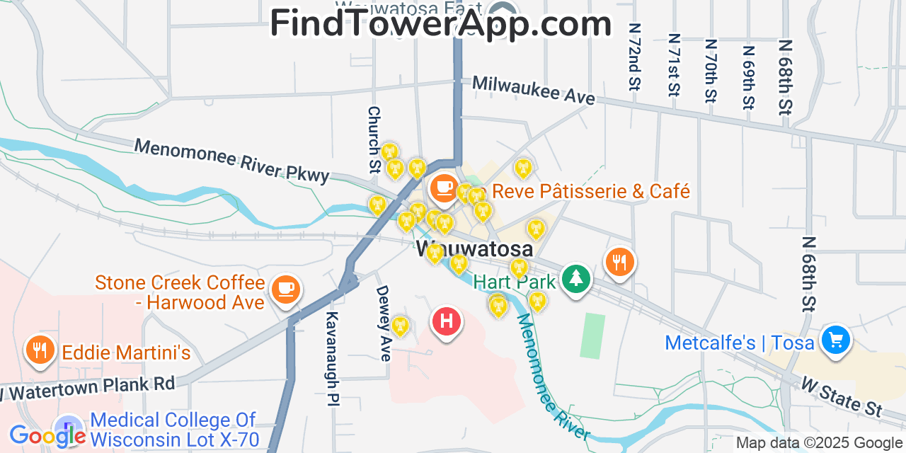 Map showing the 20 primary cell tower locations detected in Wauwatosa, Wisconsin from AT&T, Verizon, and T-Mobile networks