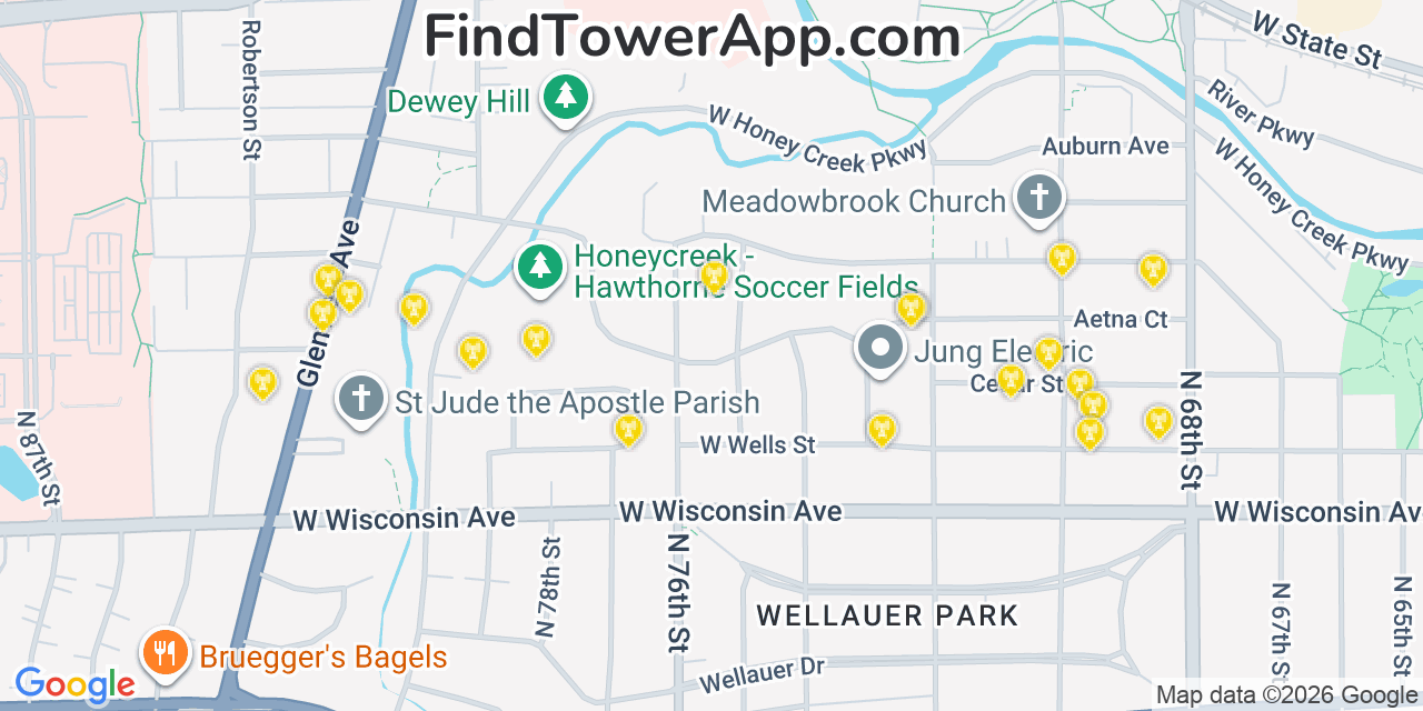 Map showing the 20 primary cell tower locations detected in Wauwatosa, Wisconsin from AT&T, Verizon, and T-Mobile networks