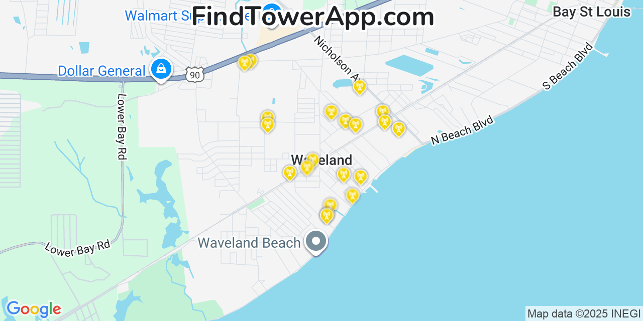 Map showing the 20 primary cell tower locations detected in Waveland, Mississippi from AT&T, Verizon, and T-Mobile networks