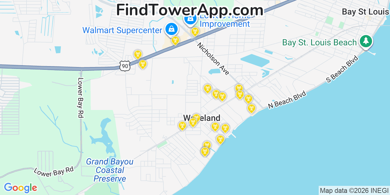 Map showing the 20 primary cell tower locations detected in Waveland, Mississippi from AT&T, Verizon, and T-Mobile networks