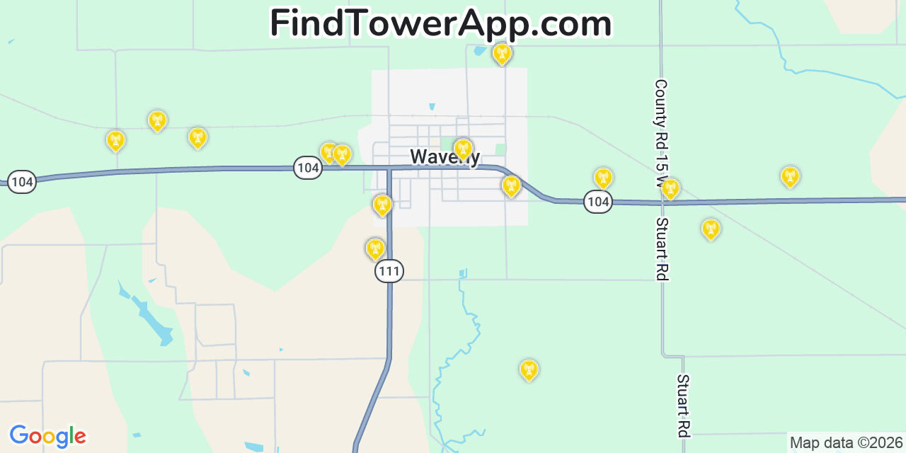 Map showing the 20 primary cell tower locations detected in Waverly, Illinois from AT&T, Verizon, and T-Mobile networks