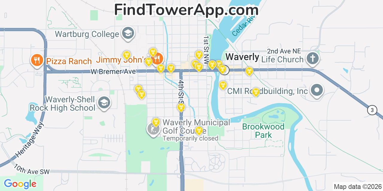 Map showing the 20 primary cell tower locations detected in Waverly, Iowa from AT&T, Verizon, and T-Mobile networks