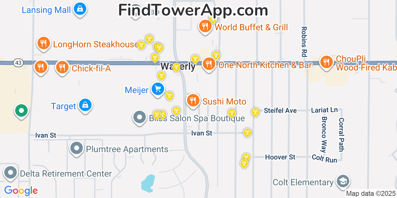 Map showing the 20 primary cell tower locations detected in Waverly, Michigan from AT&T, Verizon, and T-Mobile networks