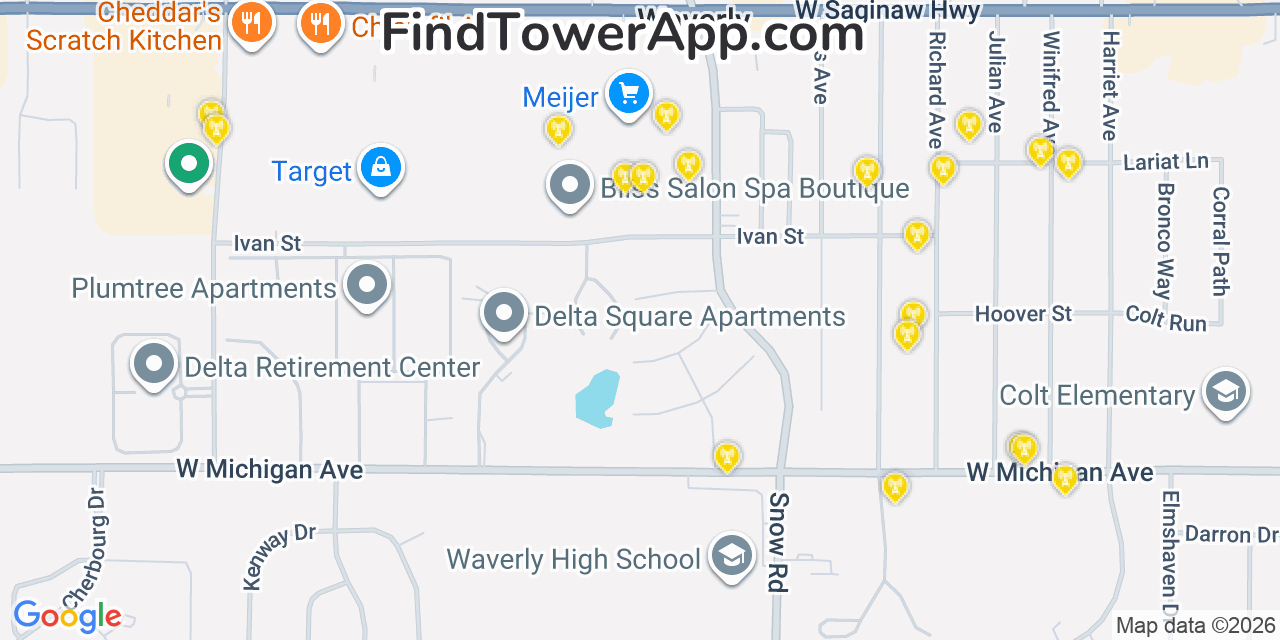 Map showing the 20 primary cell tower locations detected in Waverly, Michigan from AT&T, Verizon, and T-Mobile networks