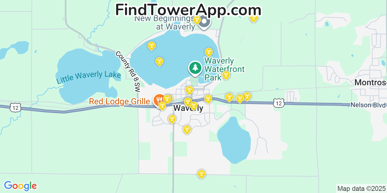 Map showing the 20 primary cell tower locations detected in Waverly, Minnesota from AT&T, Verizon, and T-Mobile networks
