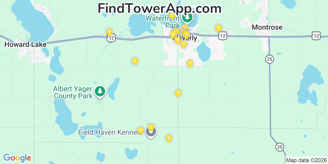 Map showing the 20 primary cell tower locations detected in Waverly, Minnesota from AT&T, Verizon, and T-Mobile networks