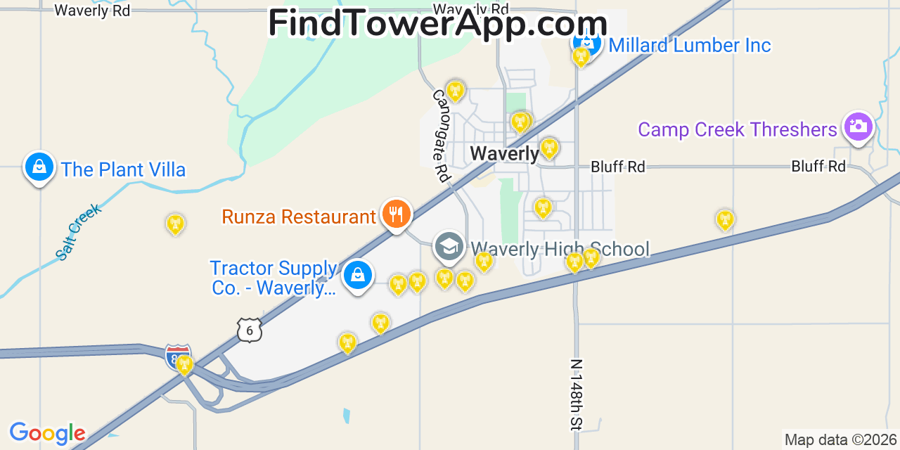 Map showing the 20 primary cell tower locations detected in Waverly, Nebraska from AT&T, Verizon, and T-Mobile networks