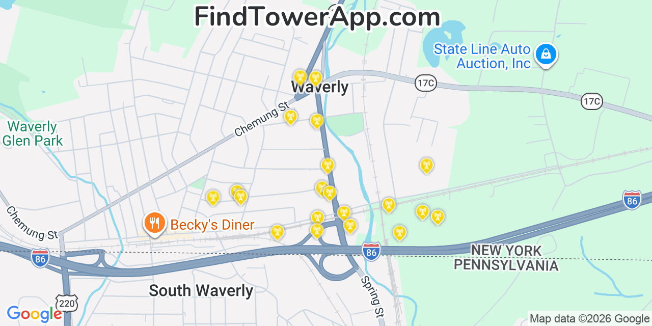 Map showing the 20 primary cell tower locations detected in Waverly, New York from AT&T, Verizon, and T-Mobile networks