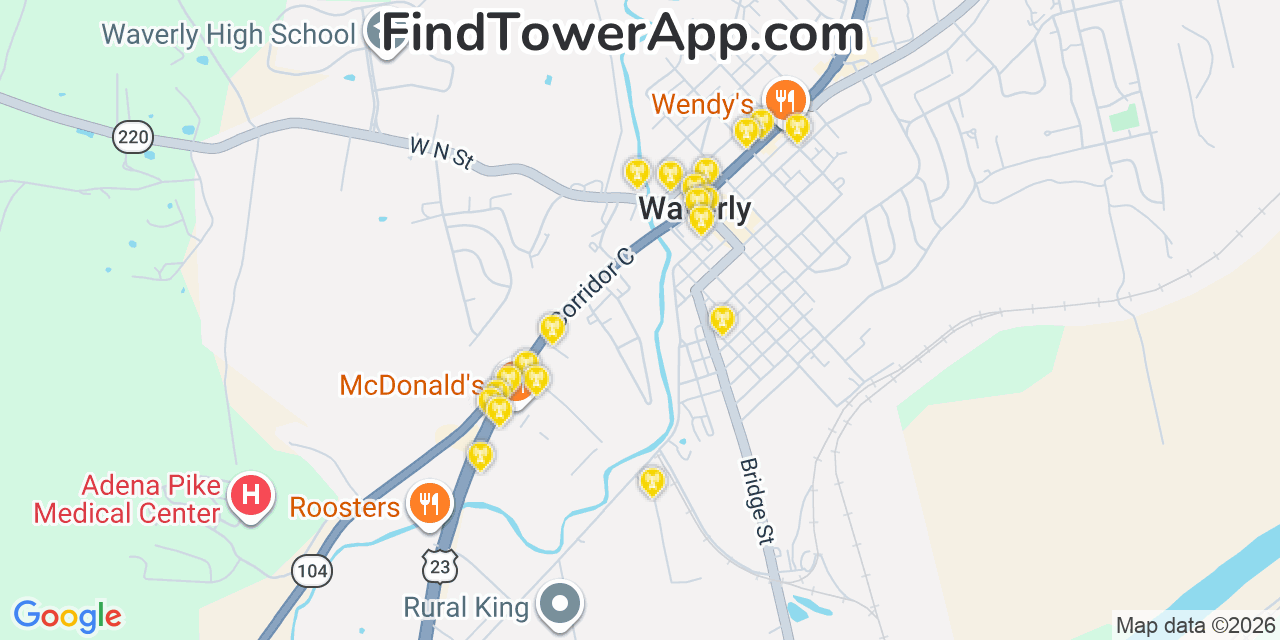 Map showing the 20 primary cell tower locations detected in Waverly, Ohio from AT&T, Verizon, and T-Mobile networks